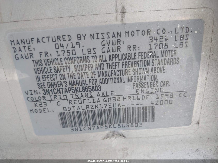 NISSAN VERSA 2019 VIN 3N1CN7AP5KL865803