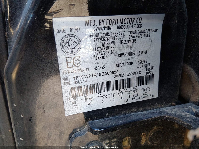 FORD F-250 2008 VIN 1FTSW21R18EA00538