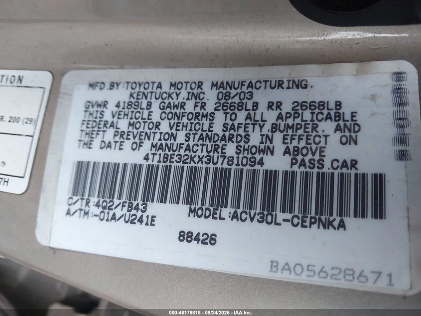 TOYOTA CAMRY 2003 VIN 4T1BE32KX3U781094