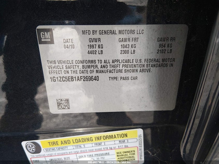 CHEVROLET MALIBU 2010 VIN 1G1ZC5EB1AF269640