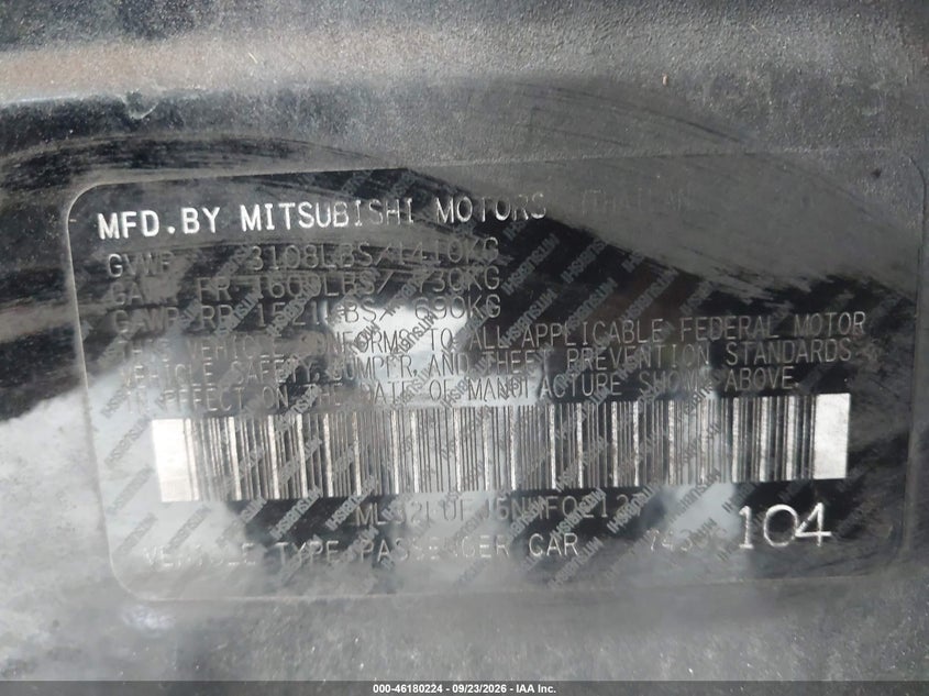 MITSUBISHI MIRAGE G4 2022 VIN ML32FUFJ5NHF02127