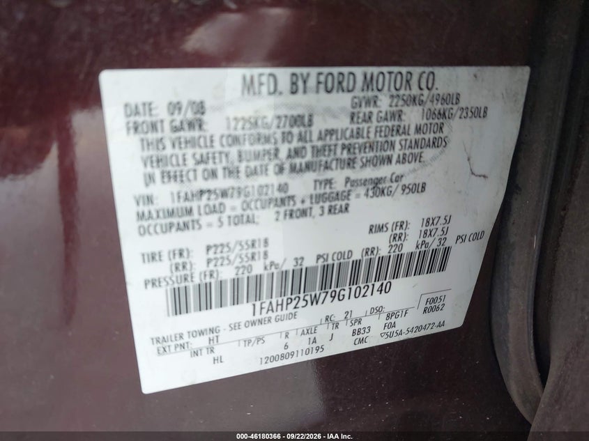 FORD TAURUS 2009 VIN 1FAHP25W79G102140