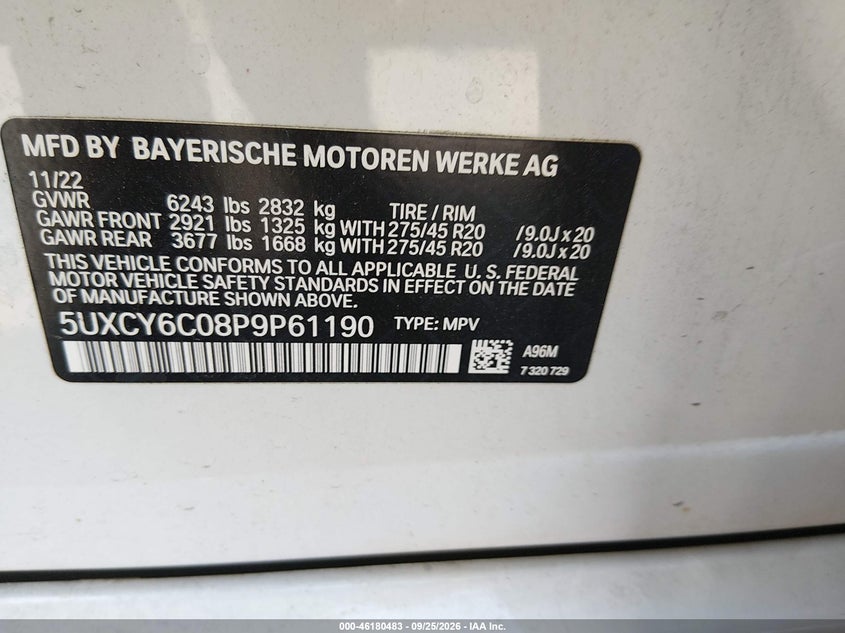 BMW X6 2023 VIN 5UXCY6C08P9P61190