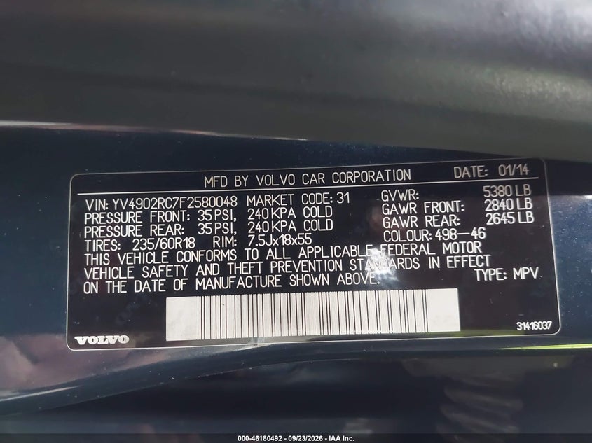 VOLVO XC60 2015 VIN YV4902RC7F2580048