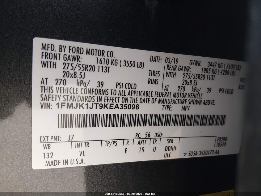 FORD EXPEDITION MAX 2019 VIN 1FMJK1JT9KEA35098