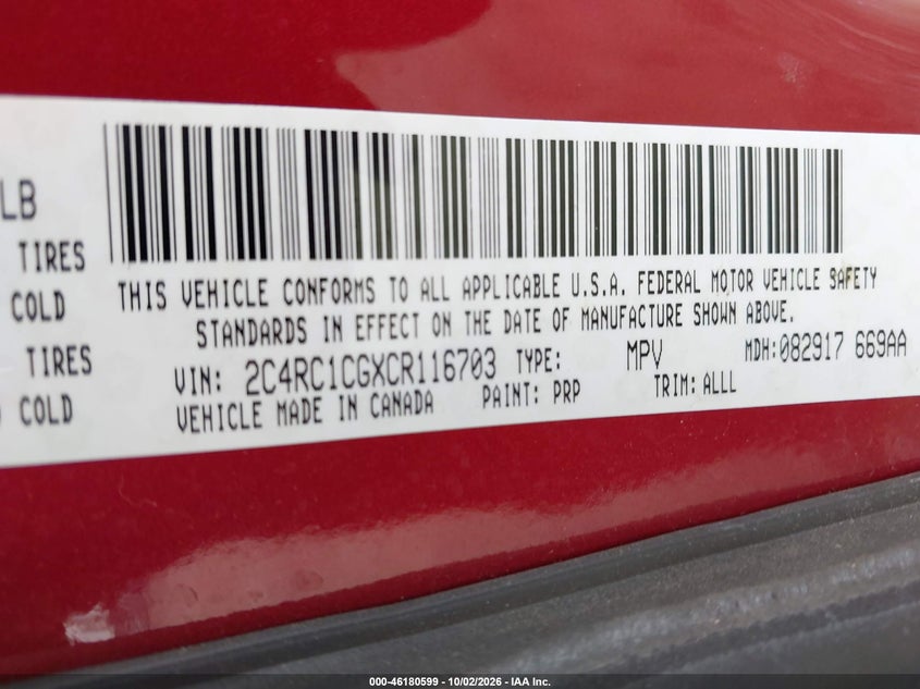 CHRYSLER TOWN & COUNTRY 2012 VIN 2C4RC1CGXCR116703