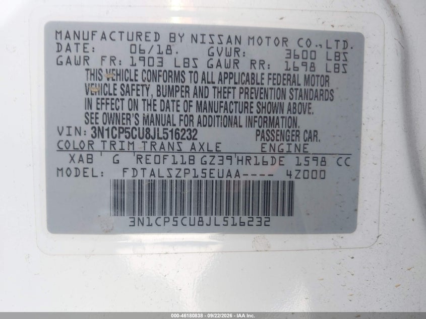 NISSAN KICKS 2018 VIN 3N1CP5CU8JL516232