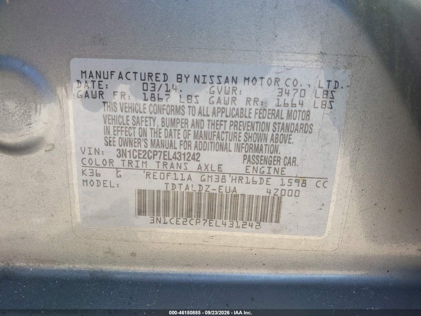 NISSAN VERSA NOTE 2014 VIN 3N1CE2CP7EL431242