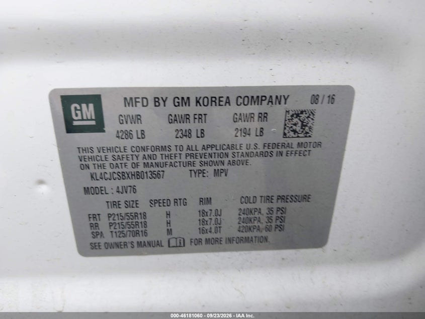 BUICK ENCORE 2017 VIN KL4CJCSBXHB013567