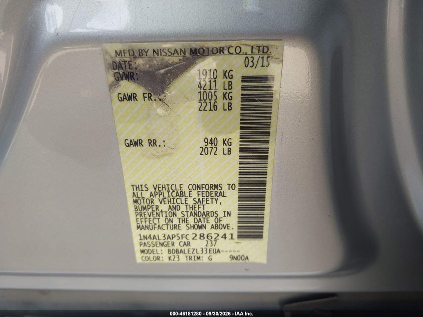 NISSAN ALTIMA 2015 VIN 1N4AL3AP5FC286241