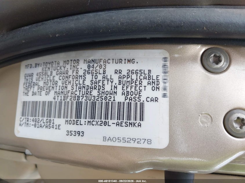 TOYOTA AVALON 2003 VIN 4T1BF28B73U325021