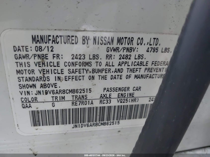 INFINITI G25X 2012 VIN JN1DV6AR8CM862515