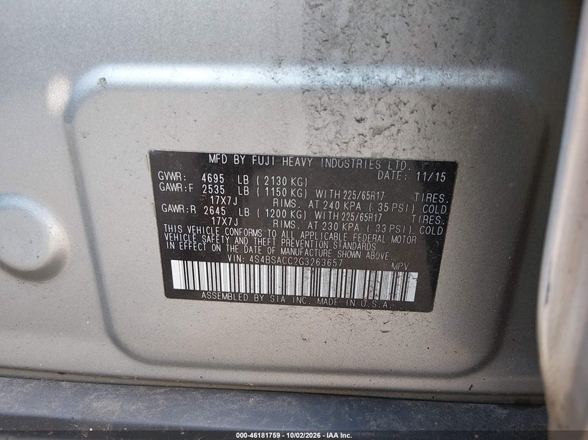 SUBARU OUTBACK 2016 VIN 4S4BSACC2G3263657