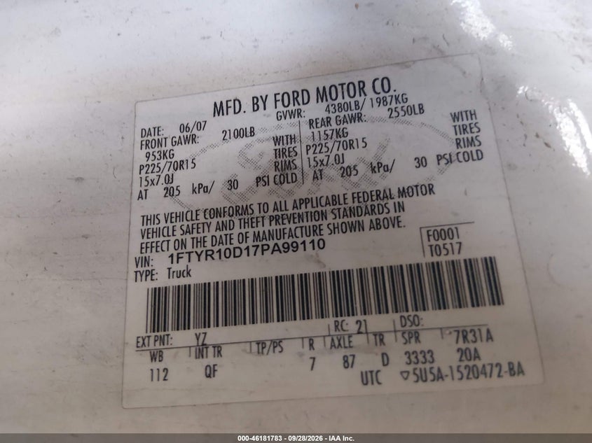 FORD RANGER 2007 VIN 1FTYR10D17PA99110