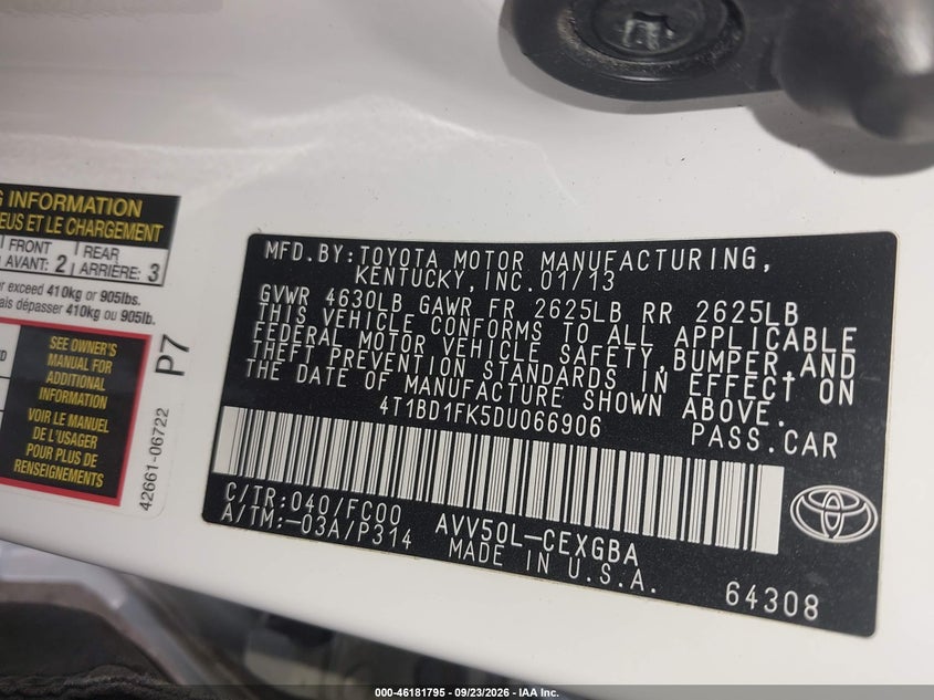 TOYOTA CAMRY HYBRID 2013 VIN 4T1BD1FK5DU066906
