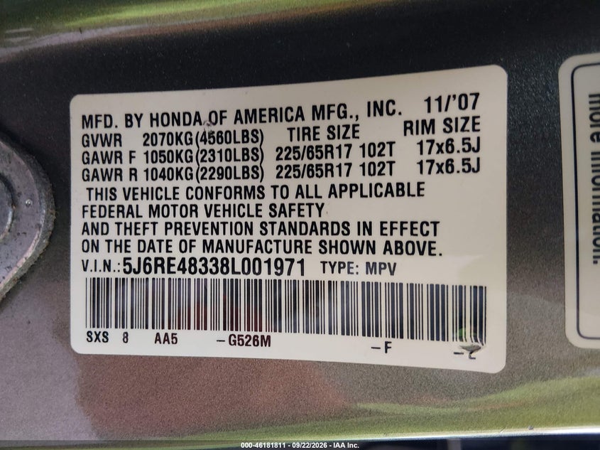 HONDA CR-V 2008 VIN 5J6RE48338L001971