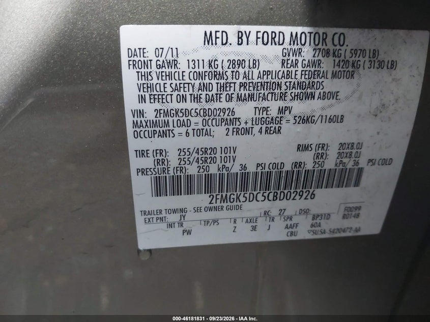 FORD FLEX 2012 VIN 2FMGK5DC5CBD02926