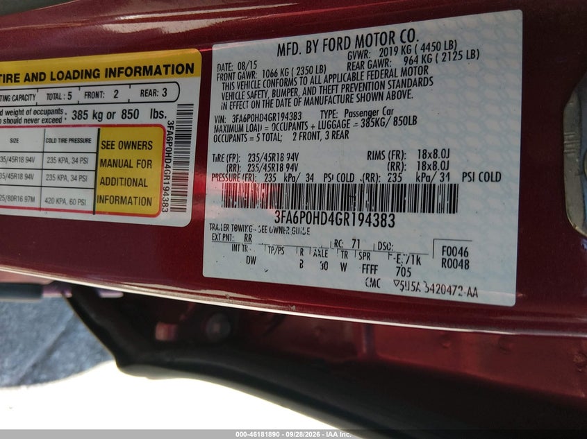 FORD FUSION 2016 VIN 3FA6P0HD4GR194383