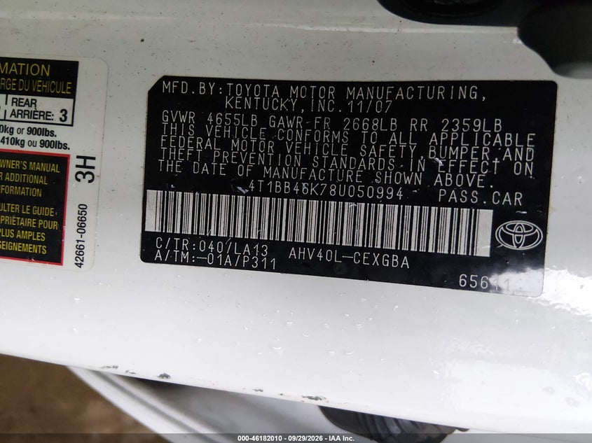 TOYOTA CAMRY HYBRID 2008 VIN 4T1BB46K78U050994