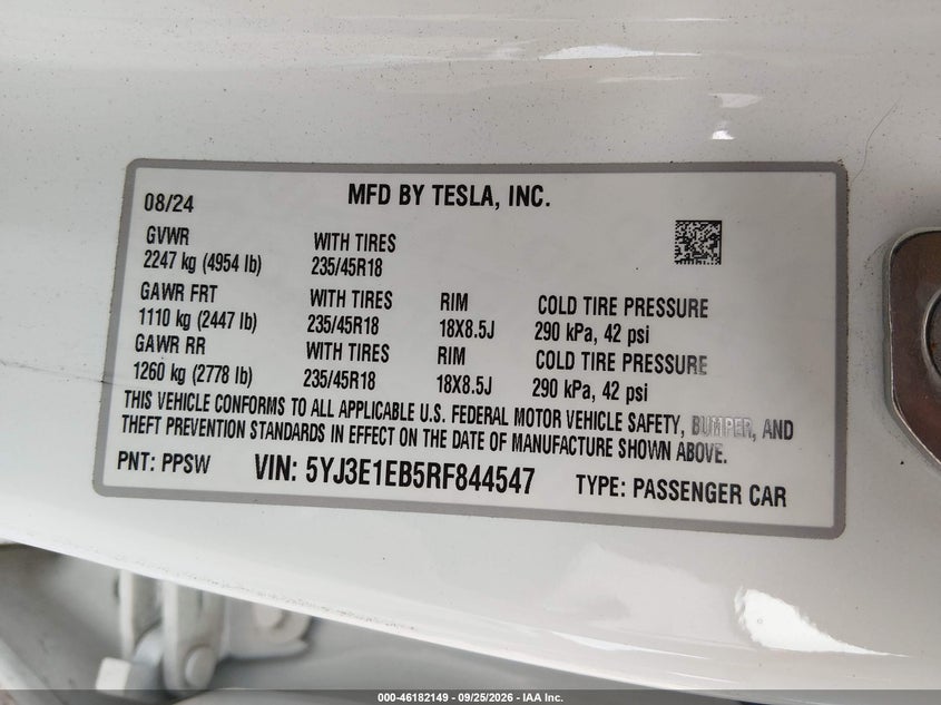 TESLA MODEL 3 2024 VIN 5YJ3E1EB5RF844547