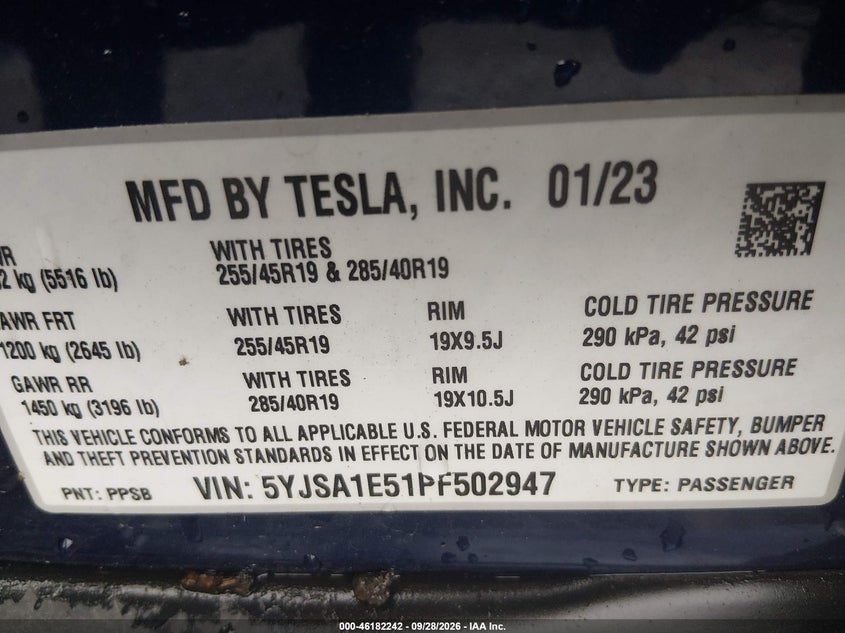 TESLA MODEL S 2023 VIN 5YJSA1E51PF502947