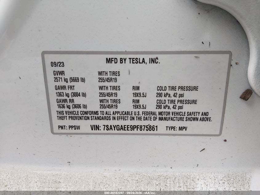 TESLA MODEL Y 2023 VIN 7SAYGAEE9PF875861