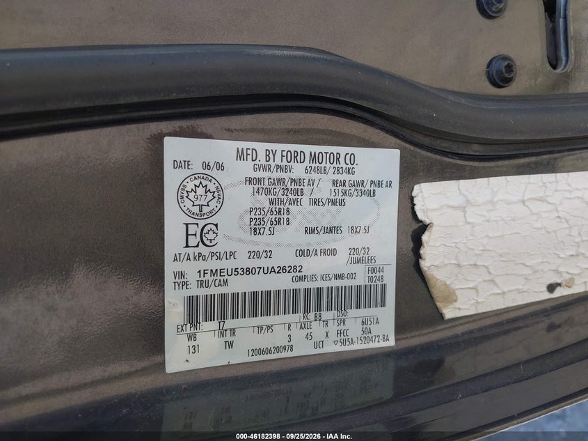 FORD EXPLORER SPORT TRAC 2007 VIN 1FMEU53807UA26282