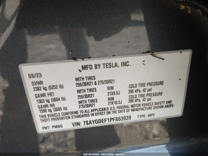 TESLA MODEL Y 2023 VIN 7SAYGDEF1PF863939