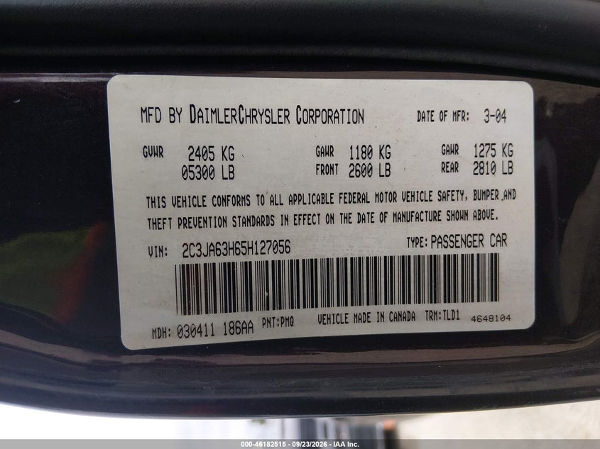 CHRYSLER 300C 2005 VIN 2C3JA63H65H127056