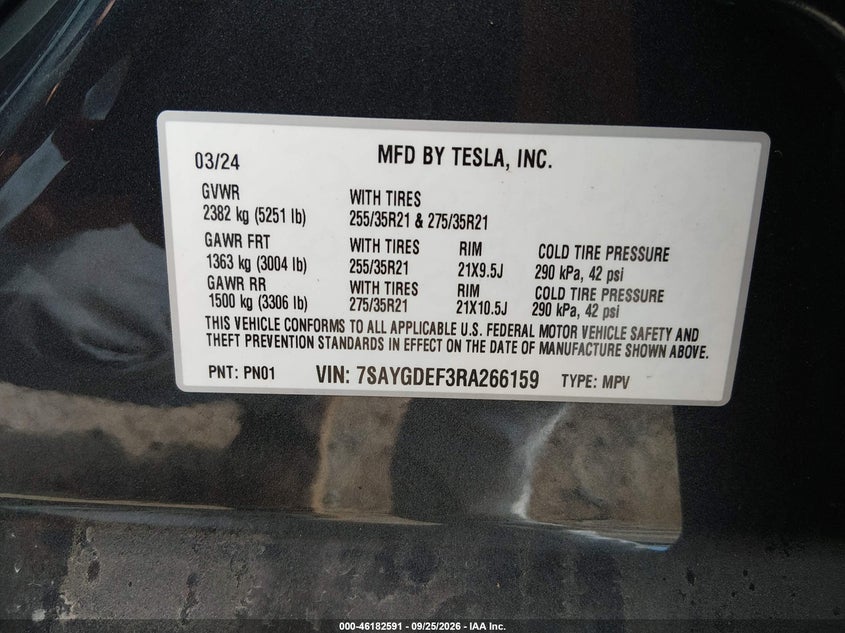 TESLA MODEL Y 2024 VIN 7SAYGDEF3RA266159