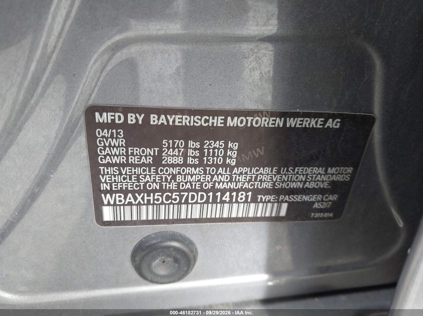 BMW 528I 2013 VIN WBAXH5C57DD114181