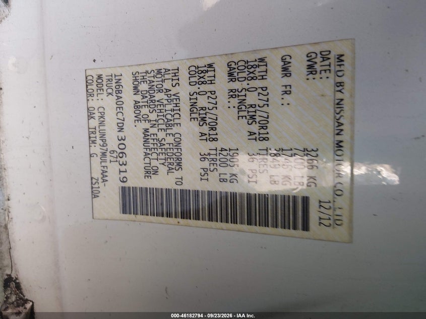 NISSAN TITAN 2013 VIN 1N6BA0EC7DN306319