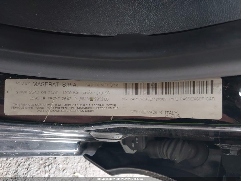 MASERATI GHIBLI 2014 VIN ZAM57RTA0E1126365