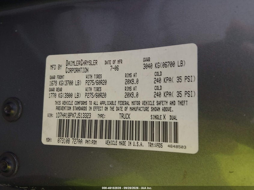 DODGE RAM 1500 2007 VIN 1D7HA18PX7J513323
