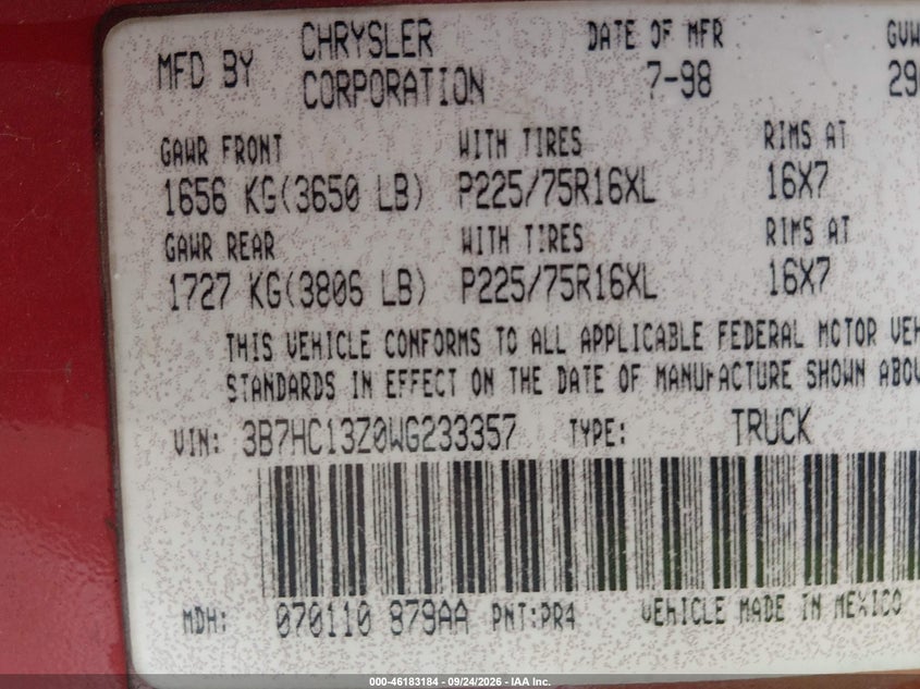 DODGE RAM 1500 1998 VIN 3B7HC13Z0WG233357