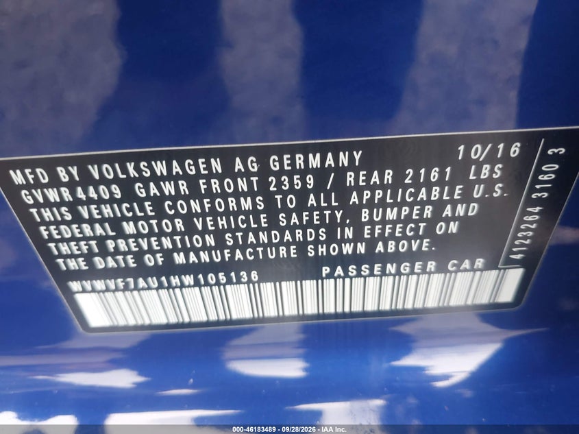 VOLKSWAGEN GOLF R 2017 VIN WVWVF7AU1HW105136