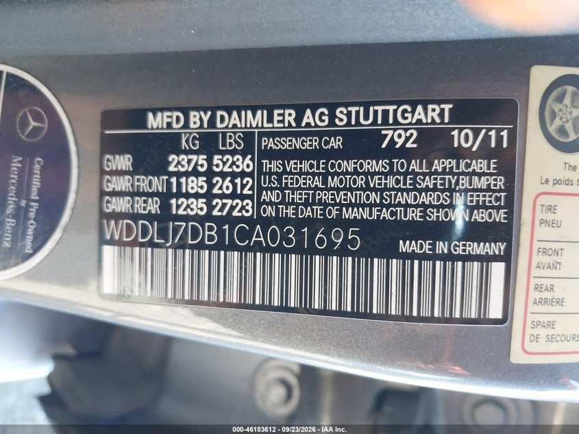 MERCEDES-BENZ CLS 550 2012 VIN WDDLJ7DB1CA031695