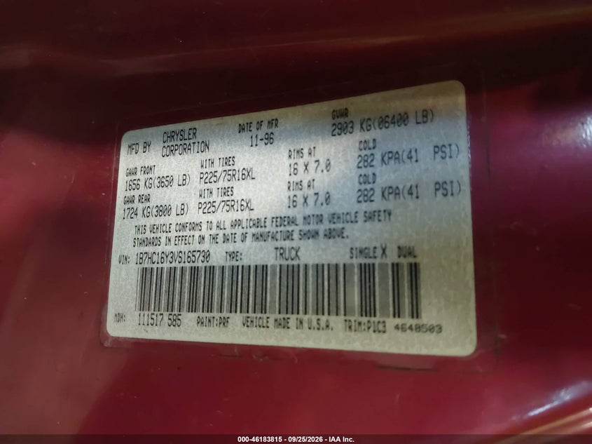 DODGE RAM 1500 1997 VIN 1B7HC16Y3VS165730