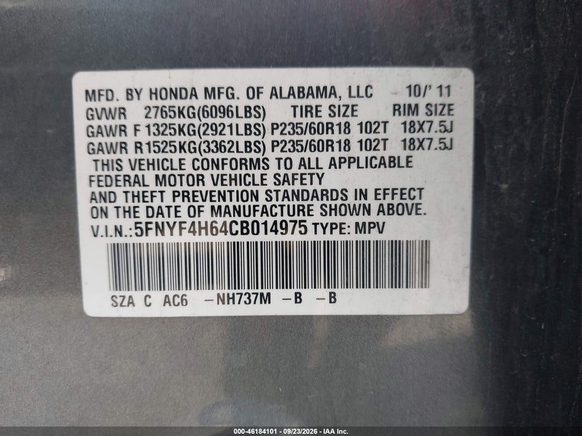 HONDA PILOT 2012 VIN 5FNYF4H64CB014975