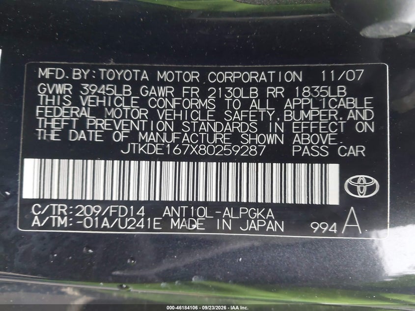 SCION TC 2008 VIN JTKDE167X80259287