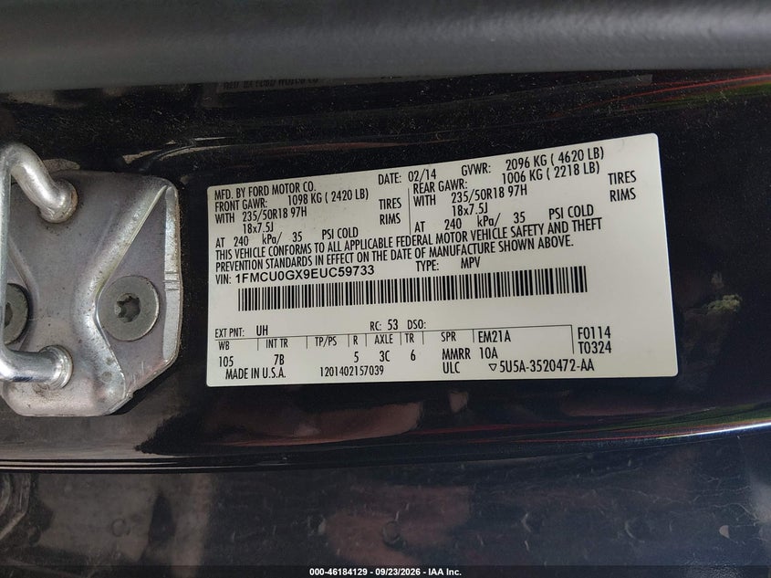 FORD ESCAPE 2014 VIN 1FMCU0GX9EUC59733