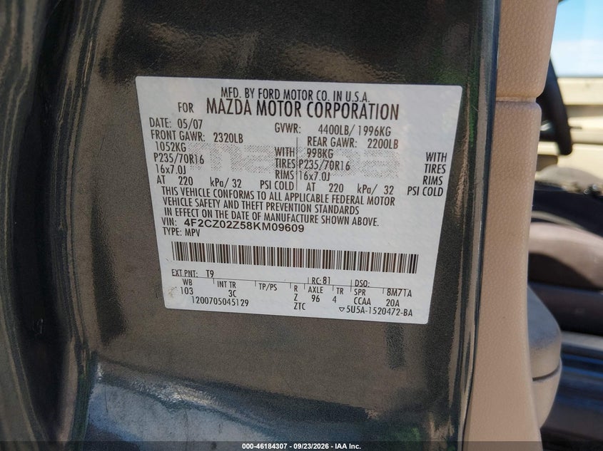 MAZDA TRIBUTE 2008 VIN 4F2CZ02Z58KM09609