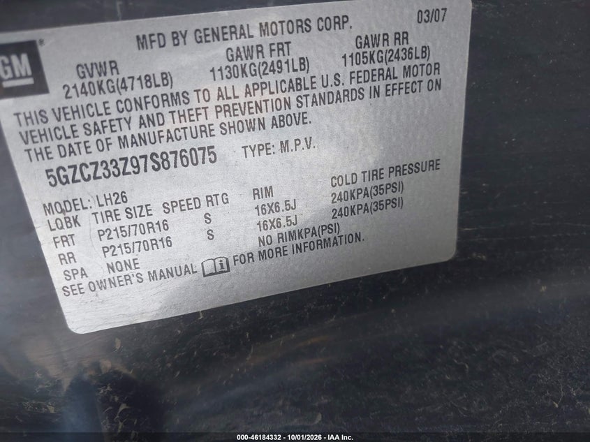 SATURN VUE HYBRID 2007 VIN 5GZCZ33Z97S876075