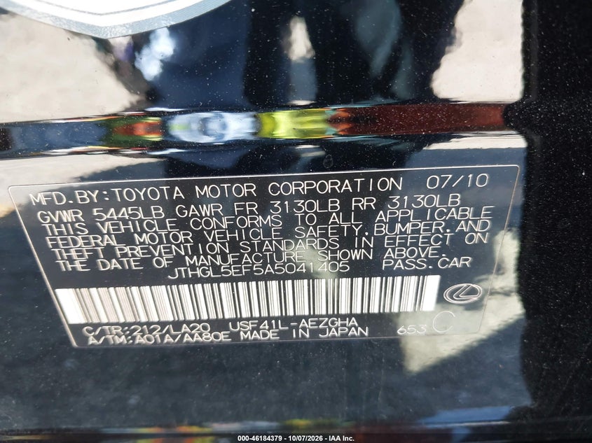 LEXUS LS 460 2010 VIN JTHGL5EF5A5041405