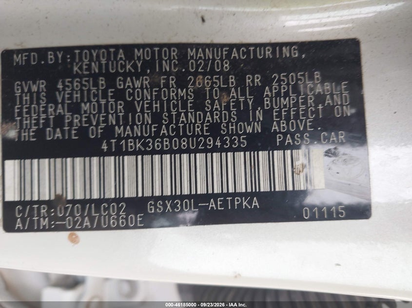 TOYOTA AVALON 2008 VIN 4T1BK36B08U294335