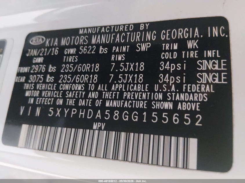 KIA SORENTO 2016 VIN 5XYPHDA58GG155652