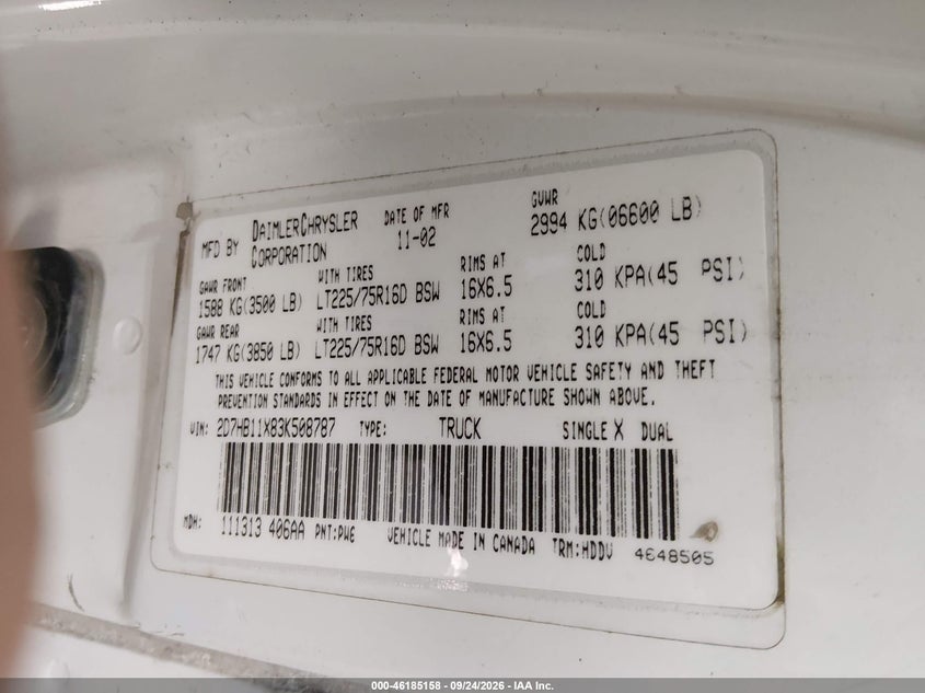DODGE RAM VAN 1500 2003 VIN 2D7HB11X83K508787