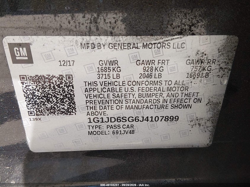 CHEVROLET SONIC 2018 VIN 1G1JD6SG6J4107899