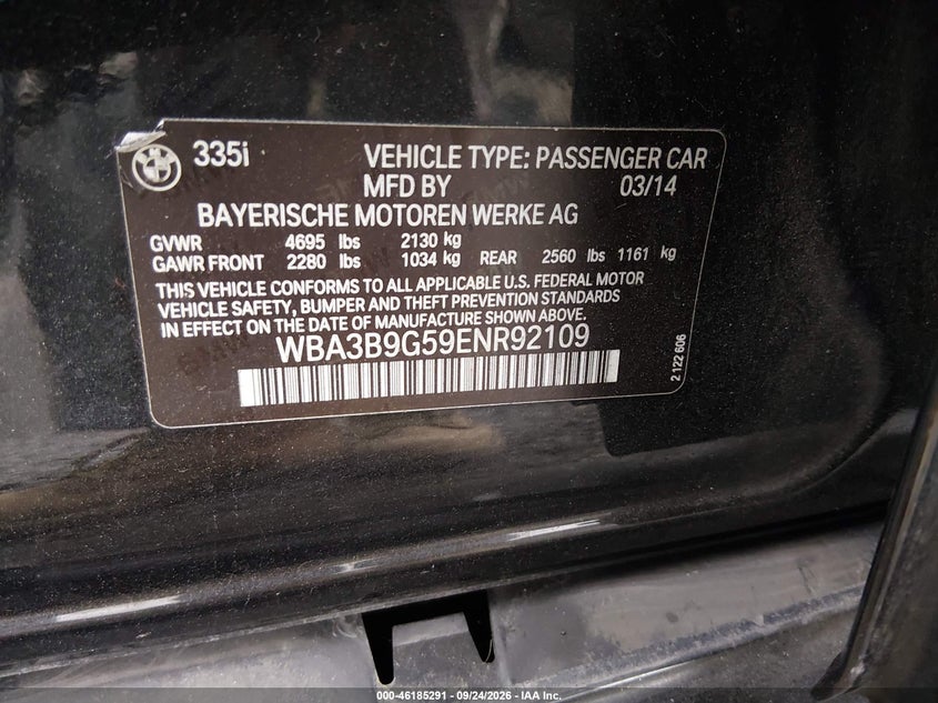 BMW 335I 2014 VIN WBA3B9G59ENR92109