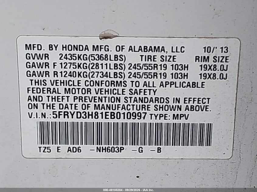 ACURA MDX 2014 VIN 5FRYD3H81EB010997
